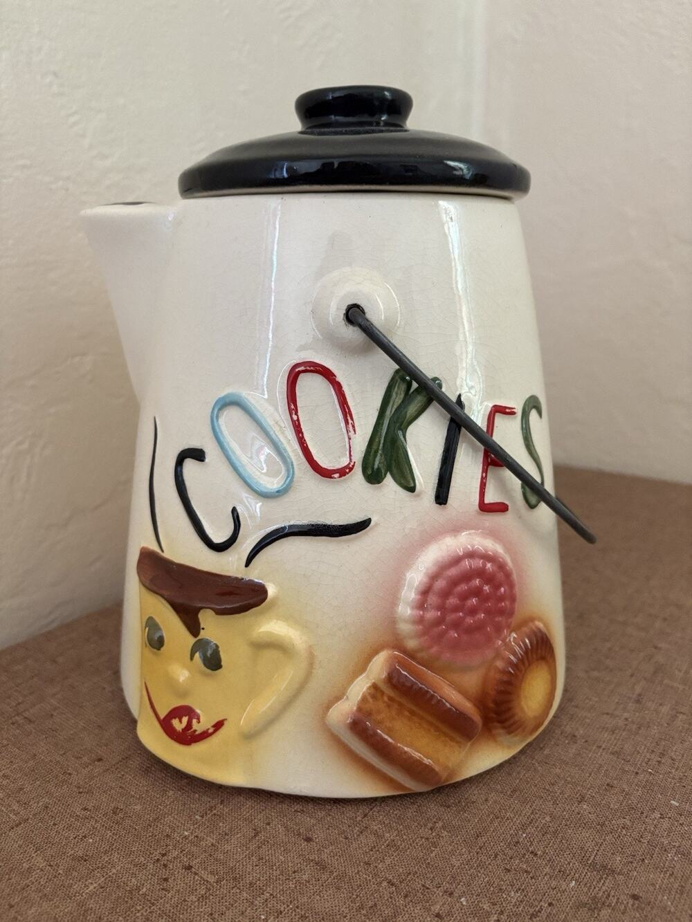 Vintage 1950’s American Bisque Handled Coffee Pot Tea Kettle Cookie Jar USA